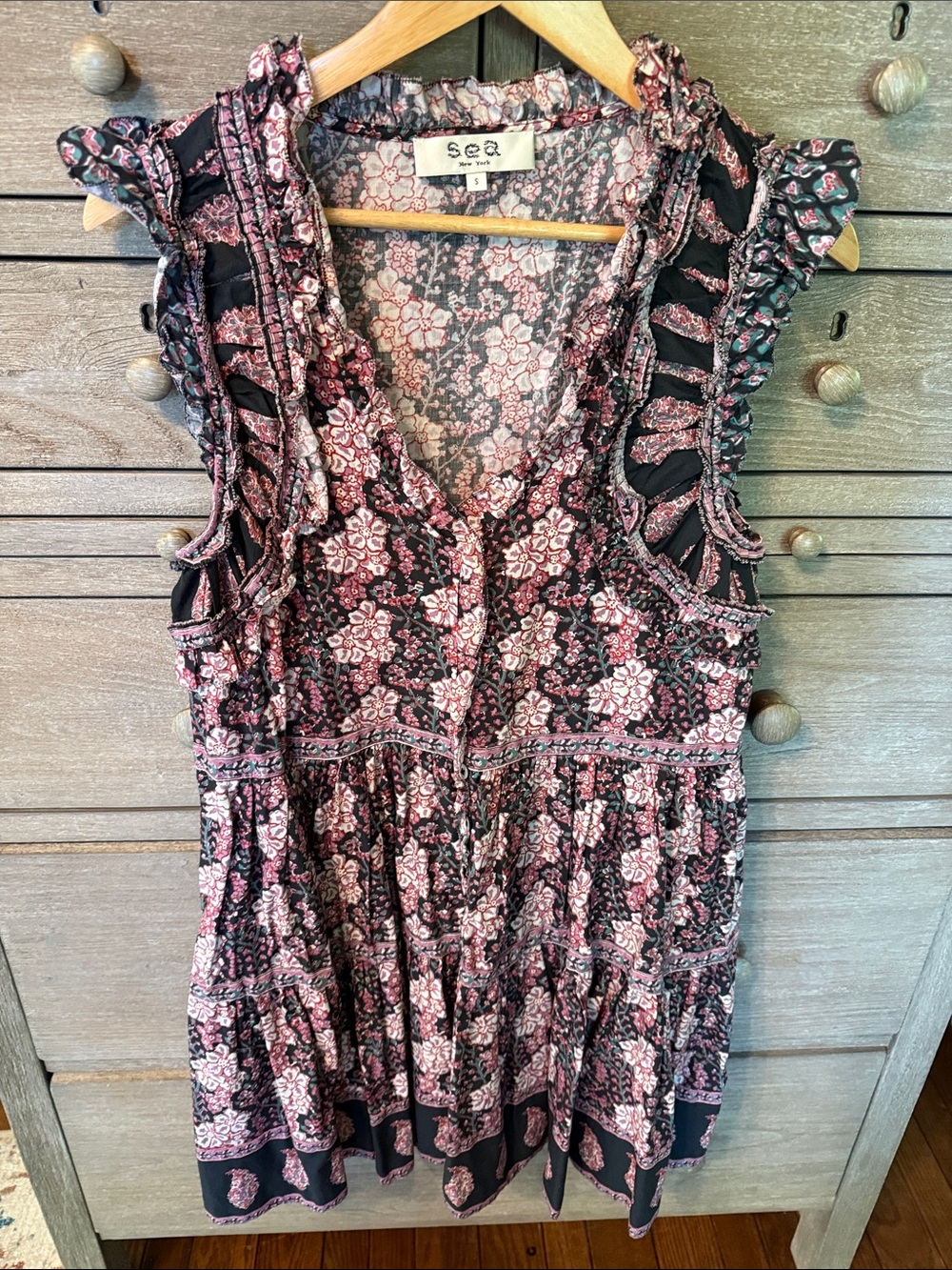 Sea NY Navy & Pink Floral Ruffle Camisole